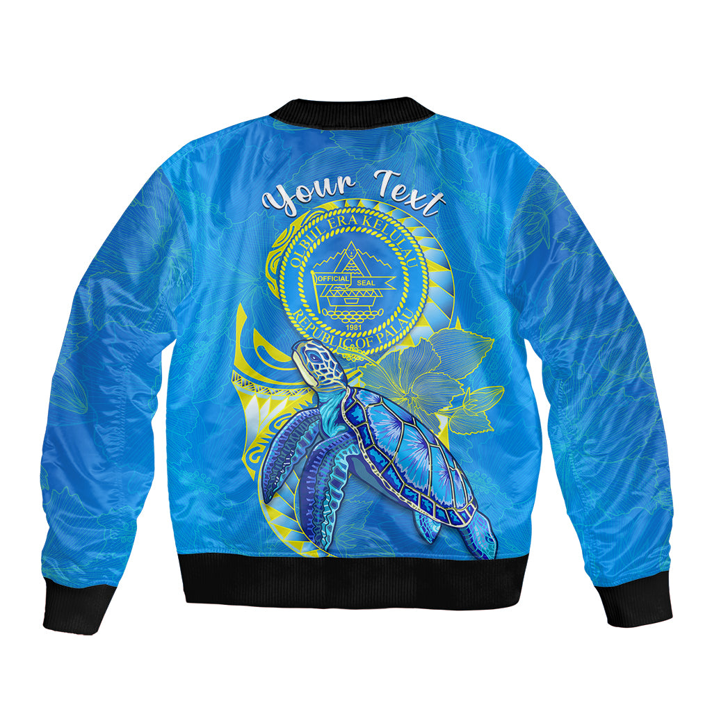 (Custom Personalised) Palau Bomber Jacket Hibiscus Turtle Mix Coat Of Arms Blue Version LT14 - Polynesian Pride