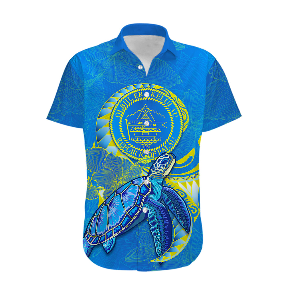 (Custom Personalised) Palau Hawaiian Shirt Hibiscus Turtle Mix Coat Of Arms Blue Version LT14 - Polynesian Pride