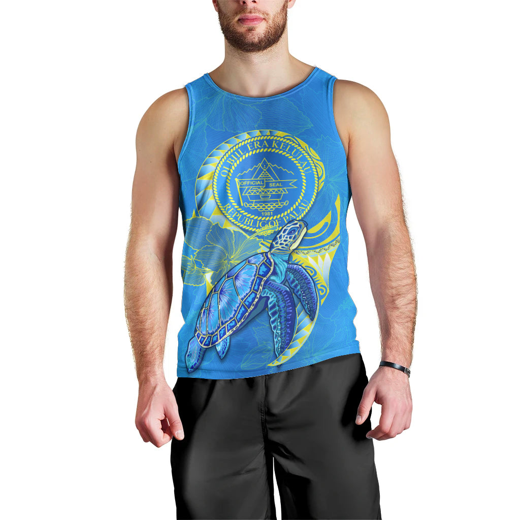 (Custom Personalised) Palau Men Tank Top Hibiscus Turtle Mix Coat Of Arms Blue Version LT14 - Polynesian Pride