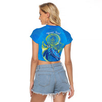 (Custom Personalised) Palau Raglan Cropped T Shirt Hibiscus Turtle Mix Coat Of Arms Blue Version LT14 - Polynesian Pride