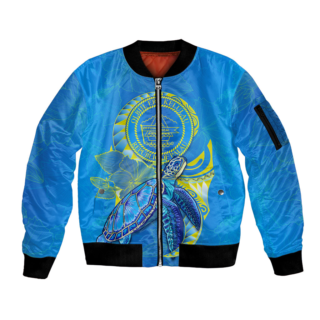 (Custom Personalised) Palau Sleeve Zip Bomber Jacket Hibiscus Turtle Mix Coat Of Arms Blue Version LT14 Unisex Blue - Polynesian Pride