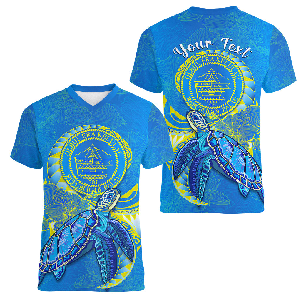 (Custom Personalised) Palau Women V Neck T Shirt Hibiscus Turtle Mix Coat Of Arms Blue Version LT14 Female Blue - Polynesian Pride