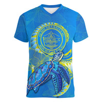(Custom Personalised) Palau Women V Neck T Shirt Hibiscus Turtle Mix Coat Of Arms Blue Version LT14 - Polynesian Pride