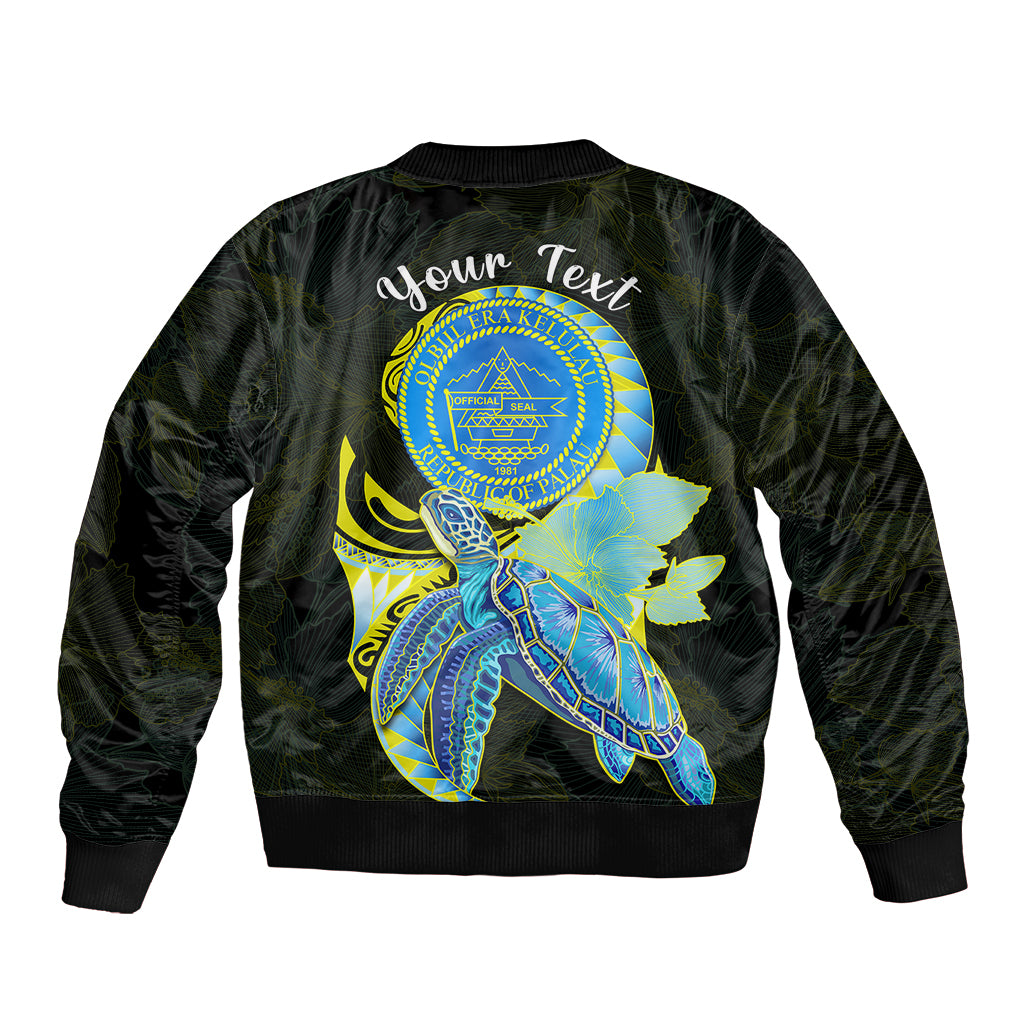 (Custom Personalised) Palau Bomber Jacket Hibiscus Turtle Mix Coat Of Arms Black Version LT14 - Polynesian Pride