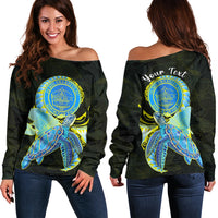 (Custom Personalised) Palau Off Shoulder Sweater Hibiscus Turtle Mix Coat Of Arms Black Version LT14 Women Black - Polynesian Pride