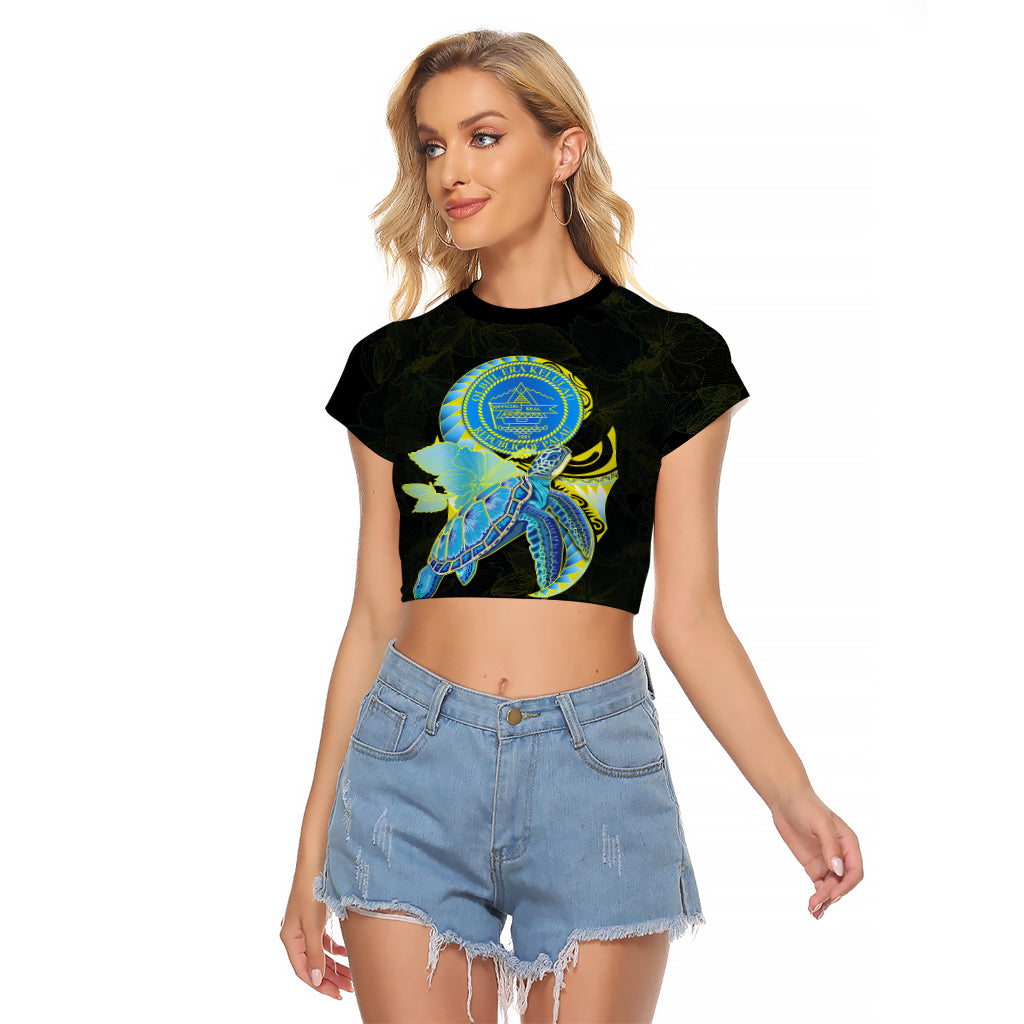 (Custom Personalised) Palau Raglan Cropped T Shirt Hibiscus Turtle Mix Coat Of Arms Black Version LT14 Female Black - Polynesian Pride