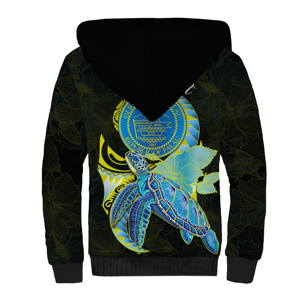 (Custom Personalised) Palau Sherpa Hoodie Hibiscus Turtle Mix Coat Of Arms Black Version LT14 - Polynesian Pride