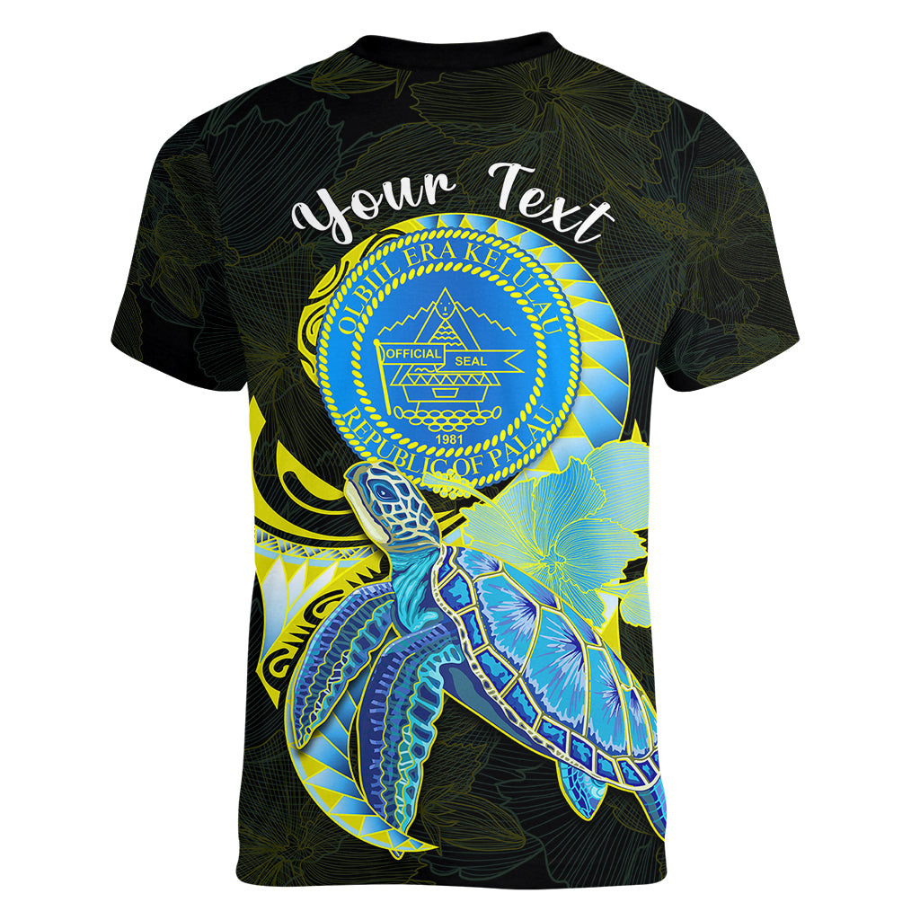(Custom Personalised) Palau Women V Neck T Shirt Hibiscus Turtle Mix Coat Of Arms Black Version LT14 - Polynesian Pride