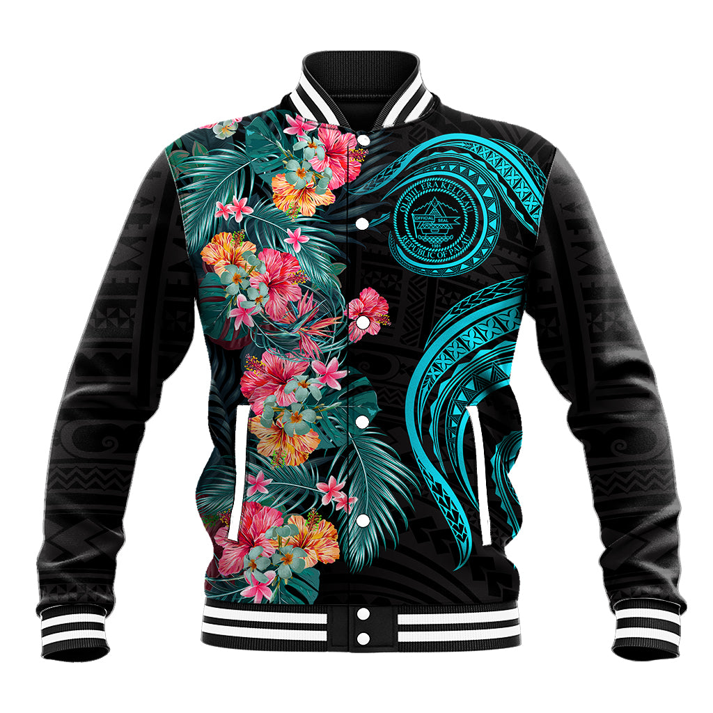 Palau Baseball Jacket Tropical Flowers With Polynesian Pattern LT14 Unisex Black - Polynesian Pride