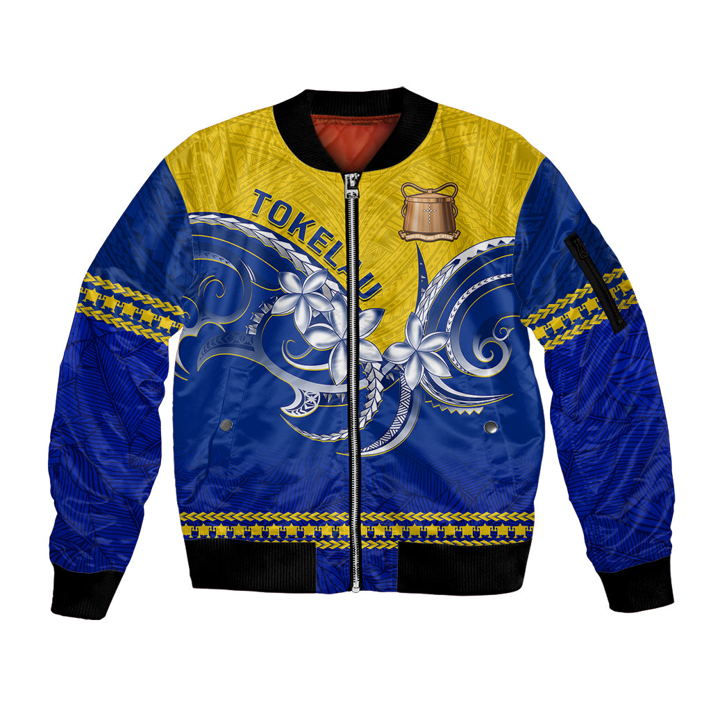 Tokelau Sleeve Zip Bomber Jacket Tokelauan Tatau Plumeria Special Style LT14 Unisex Blue - Polynesian Pride