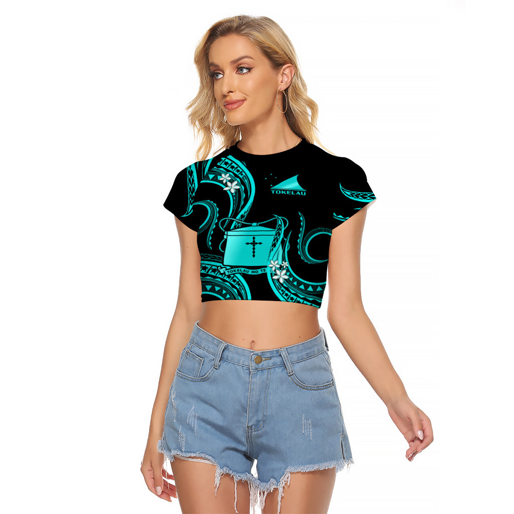 Tokelau Raglan Cropped T Shirt Tokelauan Tatau With Badge Light Turquoise LT14 Female Turquoise - Polynesian Pride