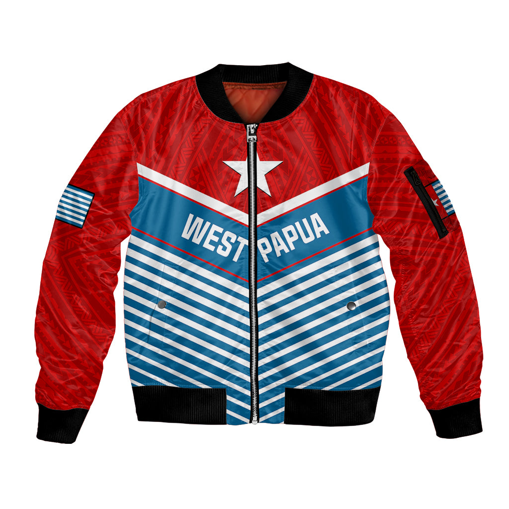 West Papua Sleeve Zip Bomber Jacket Coat Of Arms And Morning Star Flag LT14 Unisex Blue - Polynesian Pride