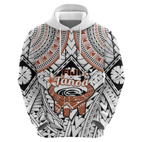 Fiji Tanoa Hoodie Kava Bowl Fijian Tapa Brown Pattern LT14 Zip Hoodie White - Polynesian Pride