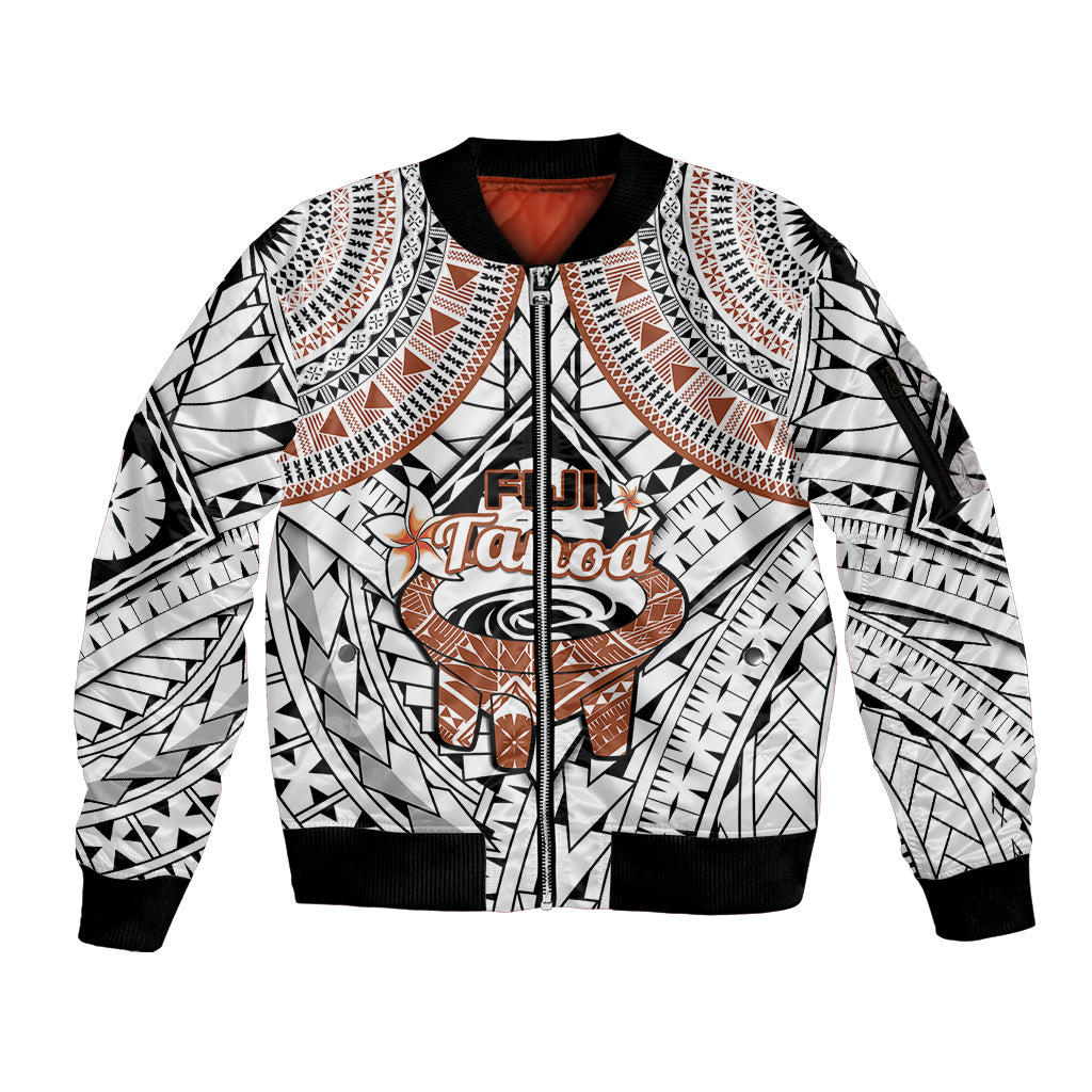 Fiji Tanoa Sleeve Zip Bomber Jacket Kava Bowl Fijian Tapa Brown Pattern LT14 Unisex White - Polynesian Pride