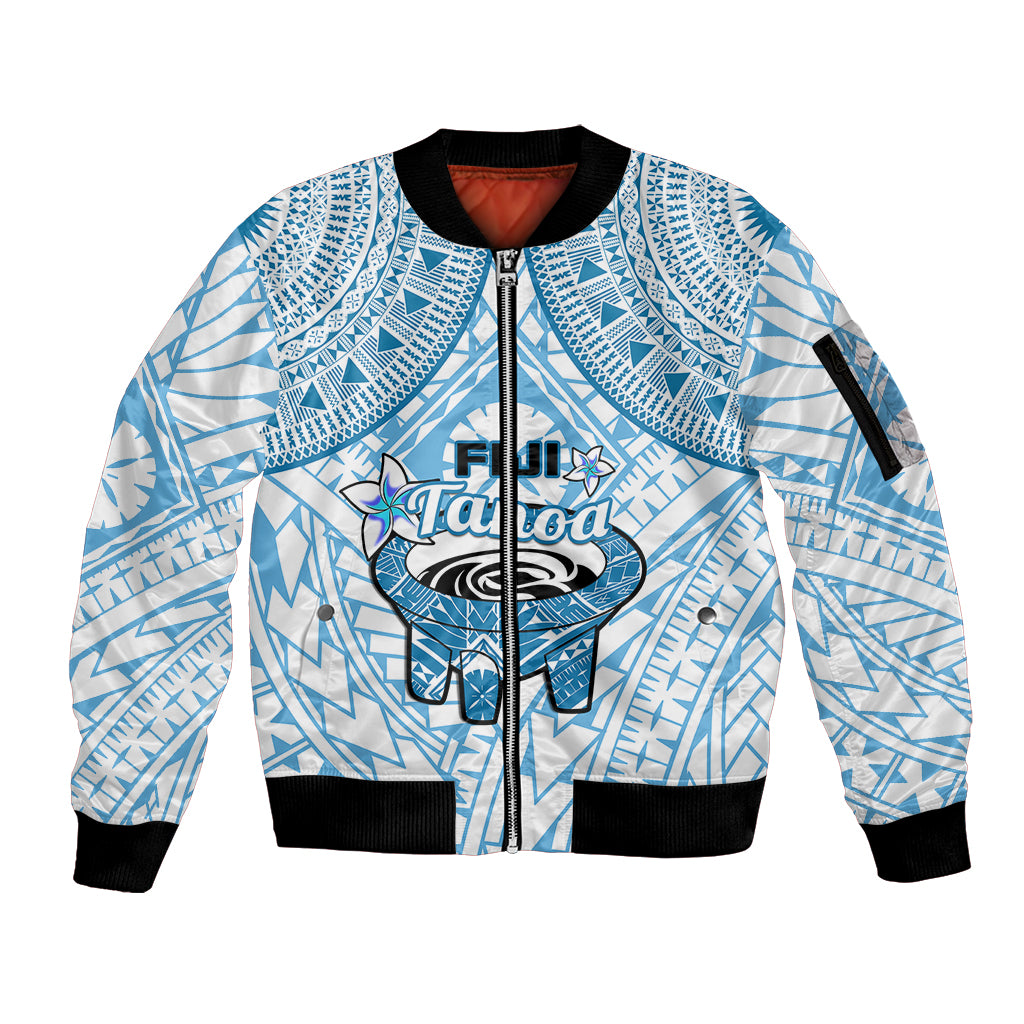 Fiji Tanoa Sleeve Zip Bomber Jacket Kava Bowl Fijian Tapa Blue Pattern LT14 Unisex Blue - Polynesian Pride