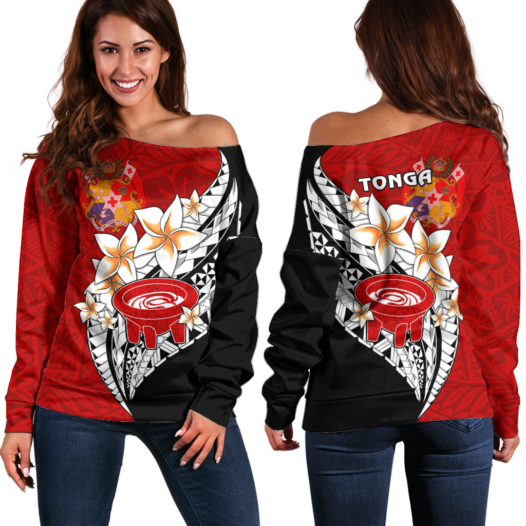 Tonga Kava Bowl Off Shoulder Sweater Tongan Kupesi Ngatu Pattern Black LT14 Women Red - Polynesian Pride