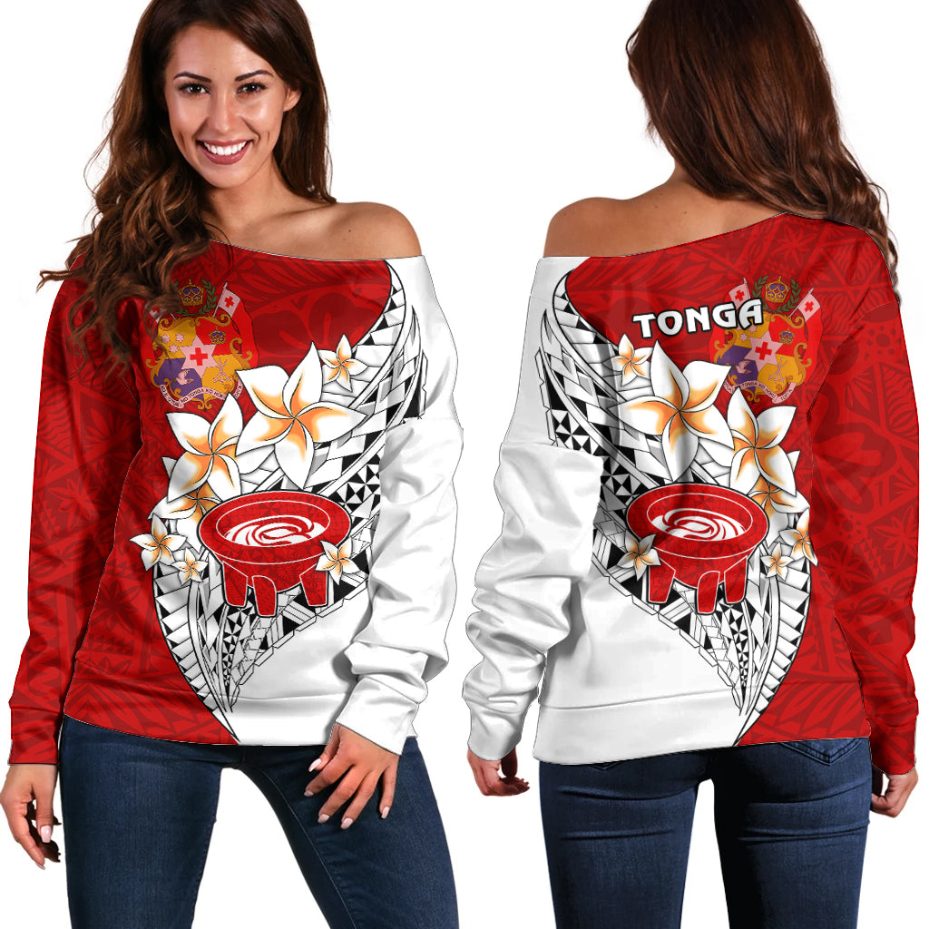 Tonga Kava Bowl Off Shoulder Sweater Tongan Kupesi Ngatu Pattern White LT14 Women Red - Polynesian Pride