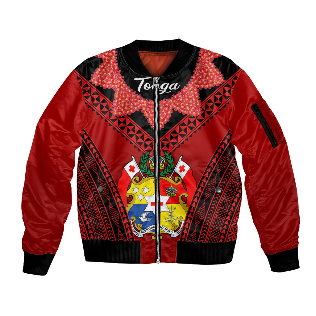 (Custom Personalised) Tonga Heilala Flowers Sleeve Zip Bomber Jacket Tongan Ngatu Black Special Verison LT14 Unisex Red - Polynesian Pride