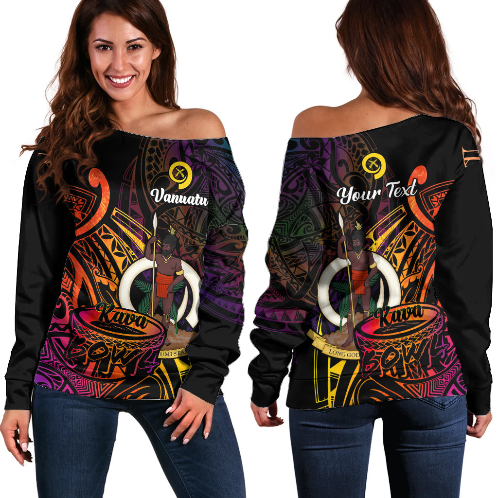 (Custom Personalised) Vanuatu Off Shoulder Sweater Kava Bowl Mix Polynesian Gradient Style LT14 Women Black - Polynesian Pride