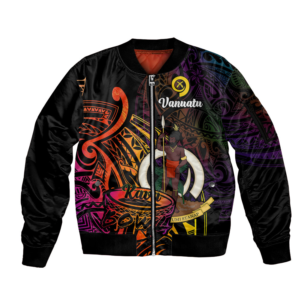 (Custom Personalised) Vanuatu Sleeve Zip Bomber Jacket Kava Bowl Mix Polynesian Gradient Style LT14 Unisex Black - Polynesian Pride