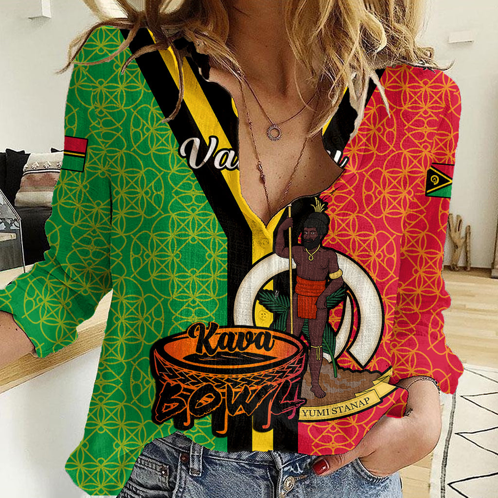 (Custom Personalised) Vanuatu Women Casual Shirt Kava Bowl Mix Sand Drawing Flag Style LT14 Female Black - Polynesian Pride