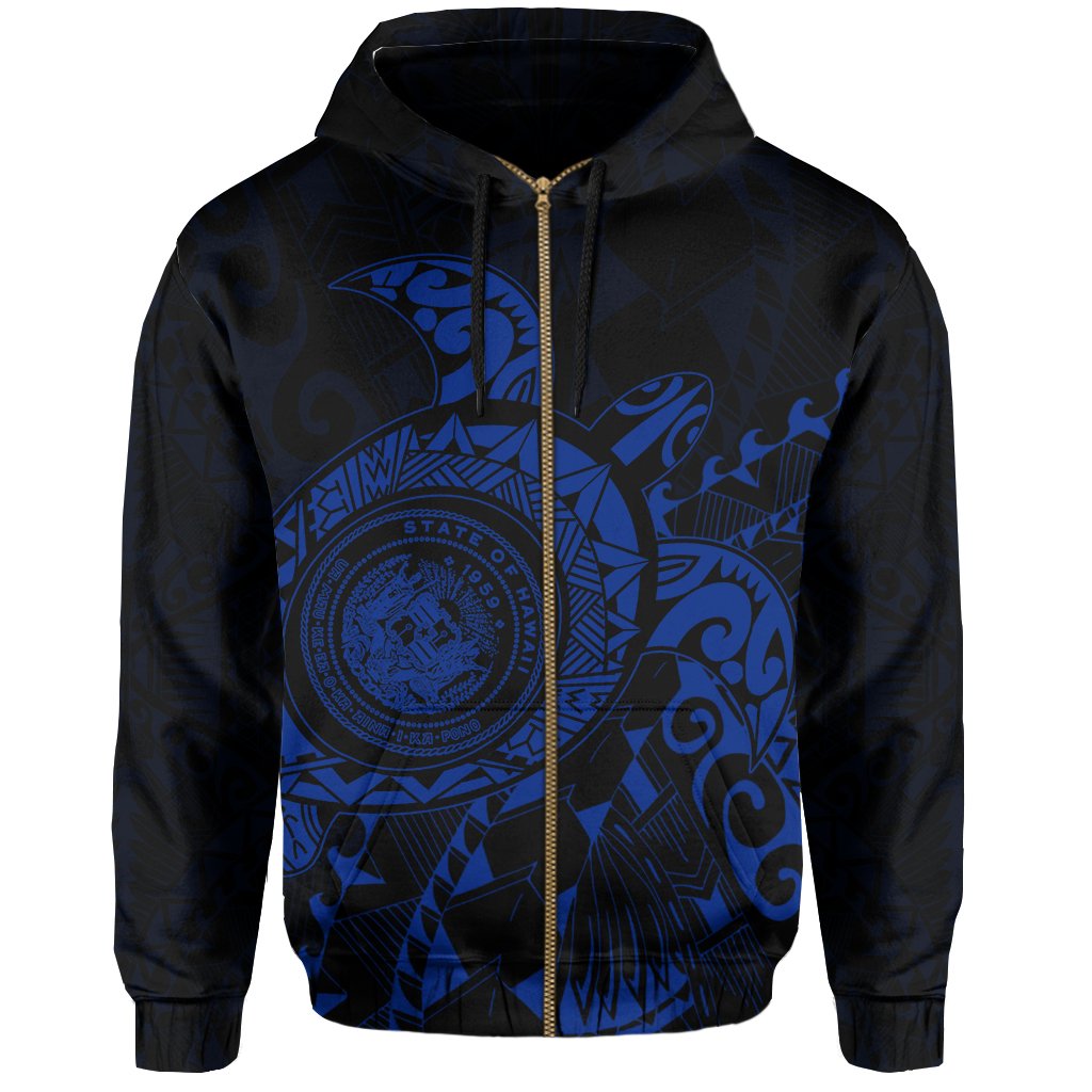 Hawaii Coat of Arms Zipper Hoodie (Blue) Turtle Style - Polynesian Pride