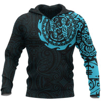 New Zealand Tangaroa Hoodie, Maori Tattoo Pullover Hoodie Unisex Light Blue - Polynesian Pride