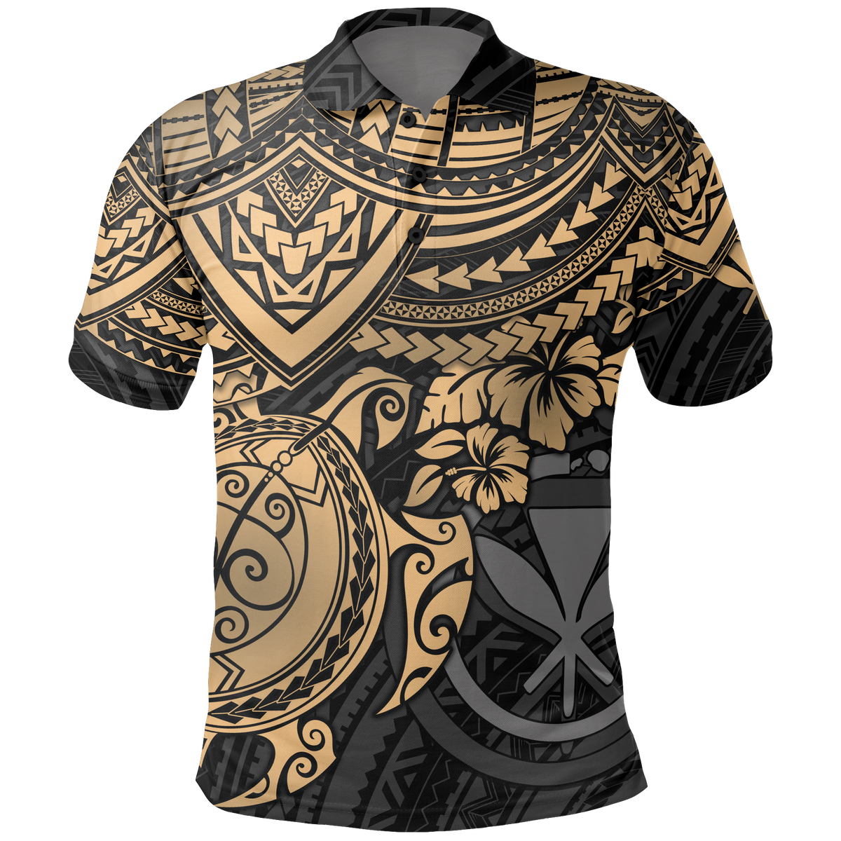 Hawaii Polo Shirt Kanaka Maoli Gold Turtle Hibiscus Unisex GOLD - Polynesian Pride