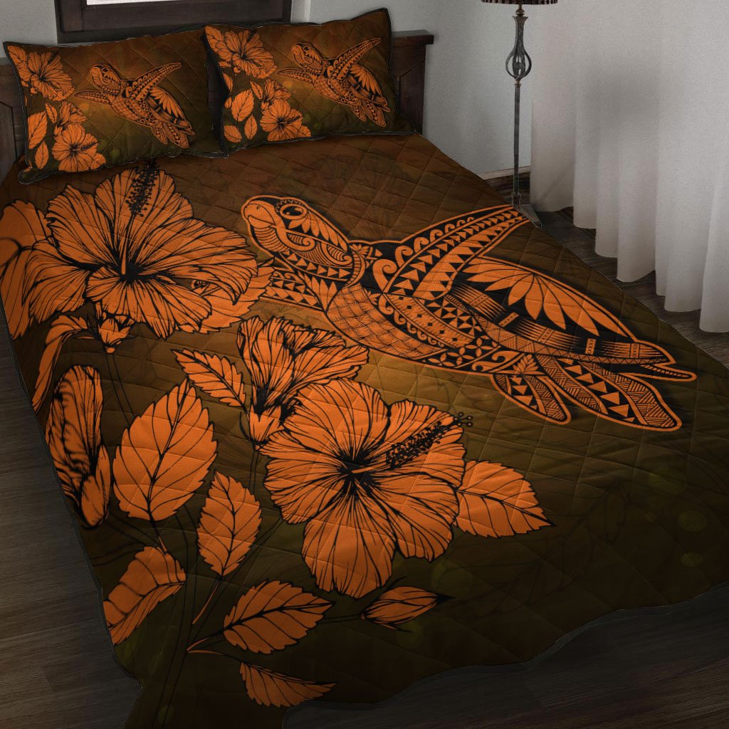 Hawaii Turtle Reach To The Sky Hibiscus Quilt Bed Set - Orange - AH - Polynesian Pride