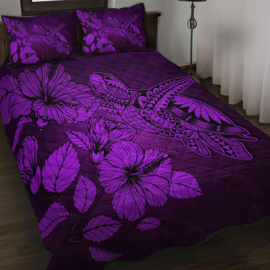 Hawaii Turtle Reach To The Sky Hibiscus Quilt Bed Set - Purple - AH - Polynesian Pride