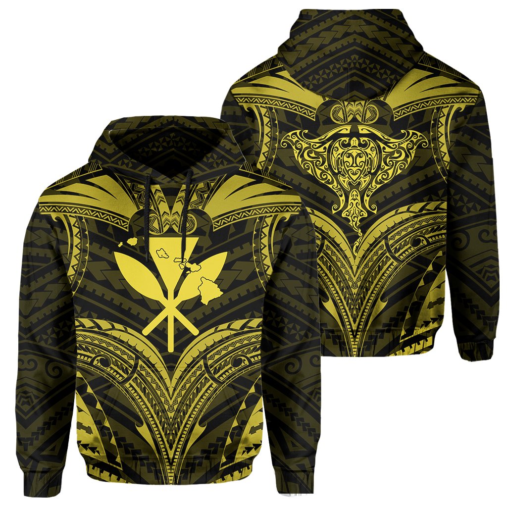 Polynesian Kanaka Shark Turtle Manta Ray Map of Hawaii Hoodie Yellow Unisex Yellow - Polynesian Pride