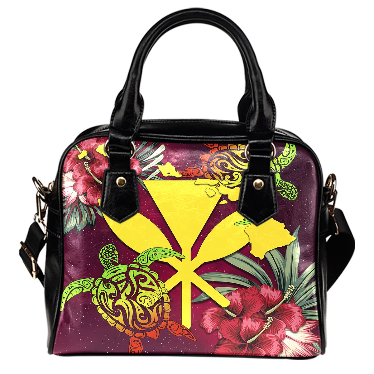 Kanaka Map Turtle Hibiscus Shoulder Handbag - Red Velvet - AH One Size Red - Polynesian Pride