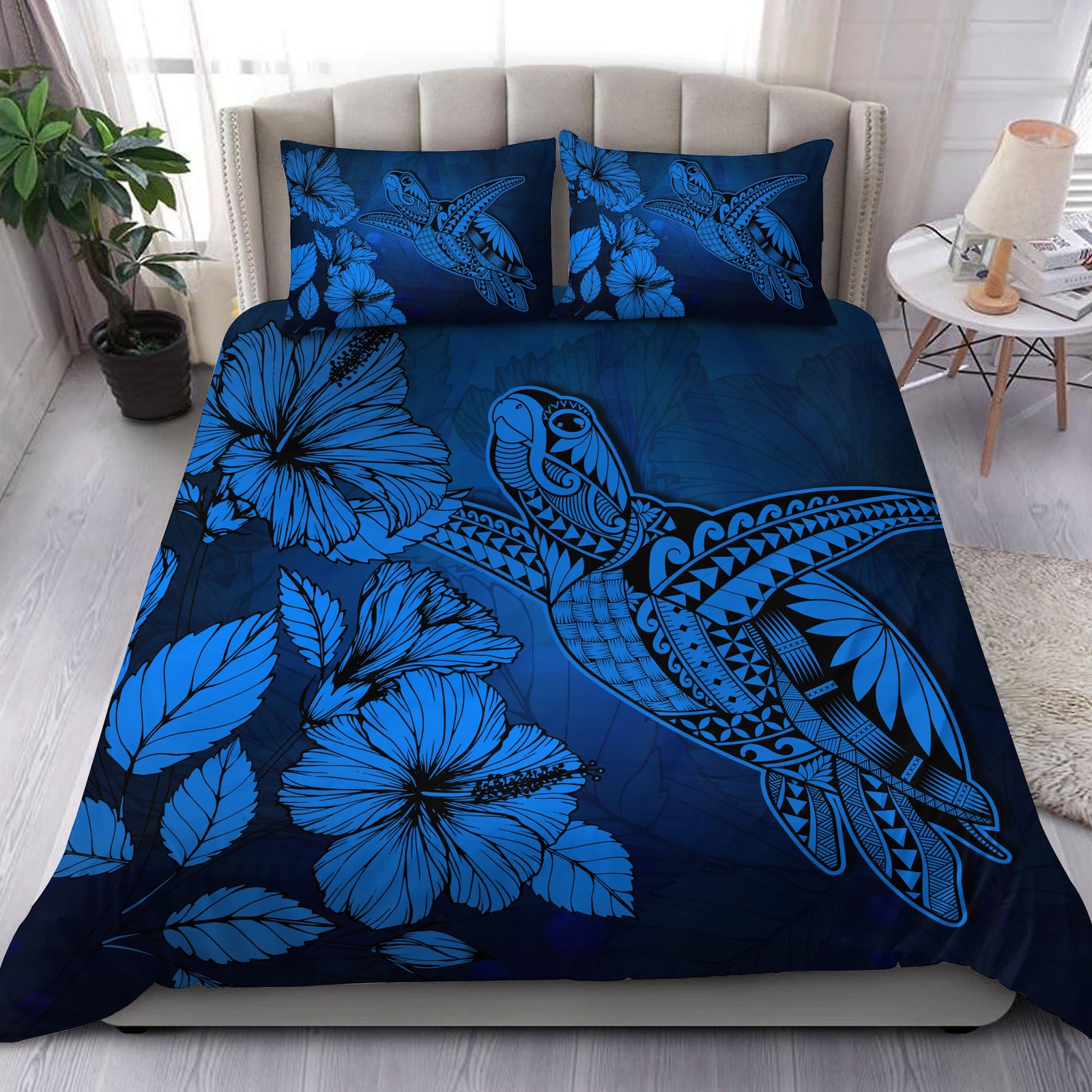 Hawaii Turtle Reach To The Sky Hibiscus Bedding Set - Blue - AH Blue - Polynesian Pride