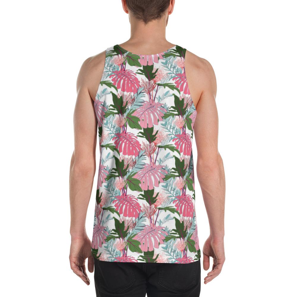 Pink Monstera And Green Tropical Leaves White Hawaii Men's Tank Top AH - Polynesian Pride