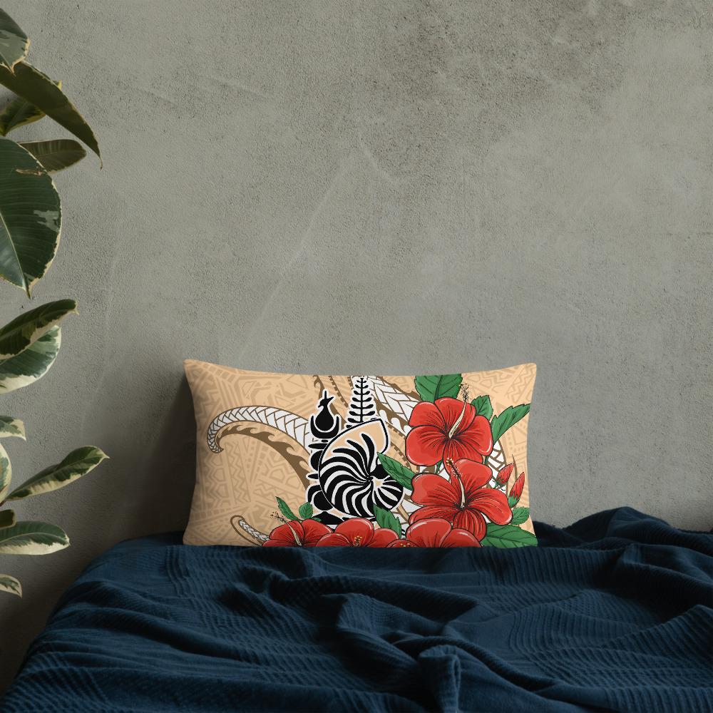 New Caledonia Polynesian Pillow - Hibiscus Coat of Arm Pillow 20 x 12 Beige - Polynesian Pride
