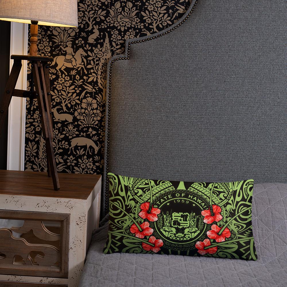 Hawaii Pillow - Coat Of Arms With Hibiscus Flowers - Polynesian Pride