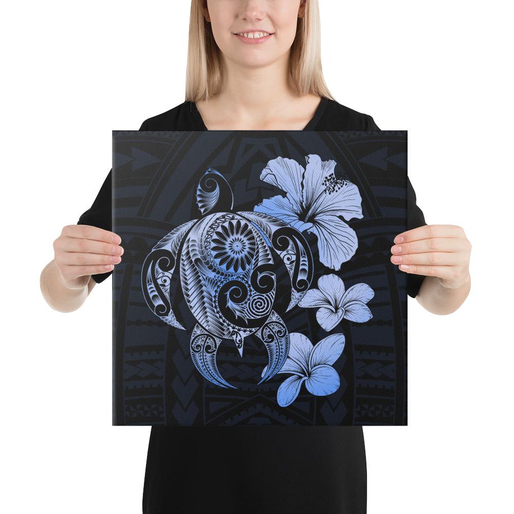Hibiscus Plumeria Mix Polynesian Turtle Blue Canvas 16x16 Canvas Blue - Polynesian Pride
