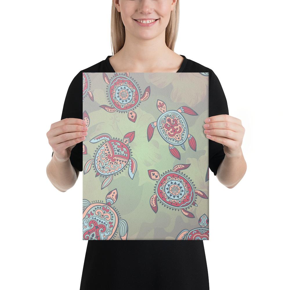 Turtle Colorful Hibiscus Backgorund Canvas 12x16 Canvas White - Polynesian Pride