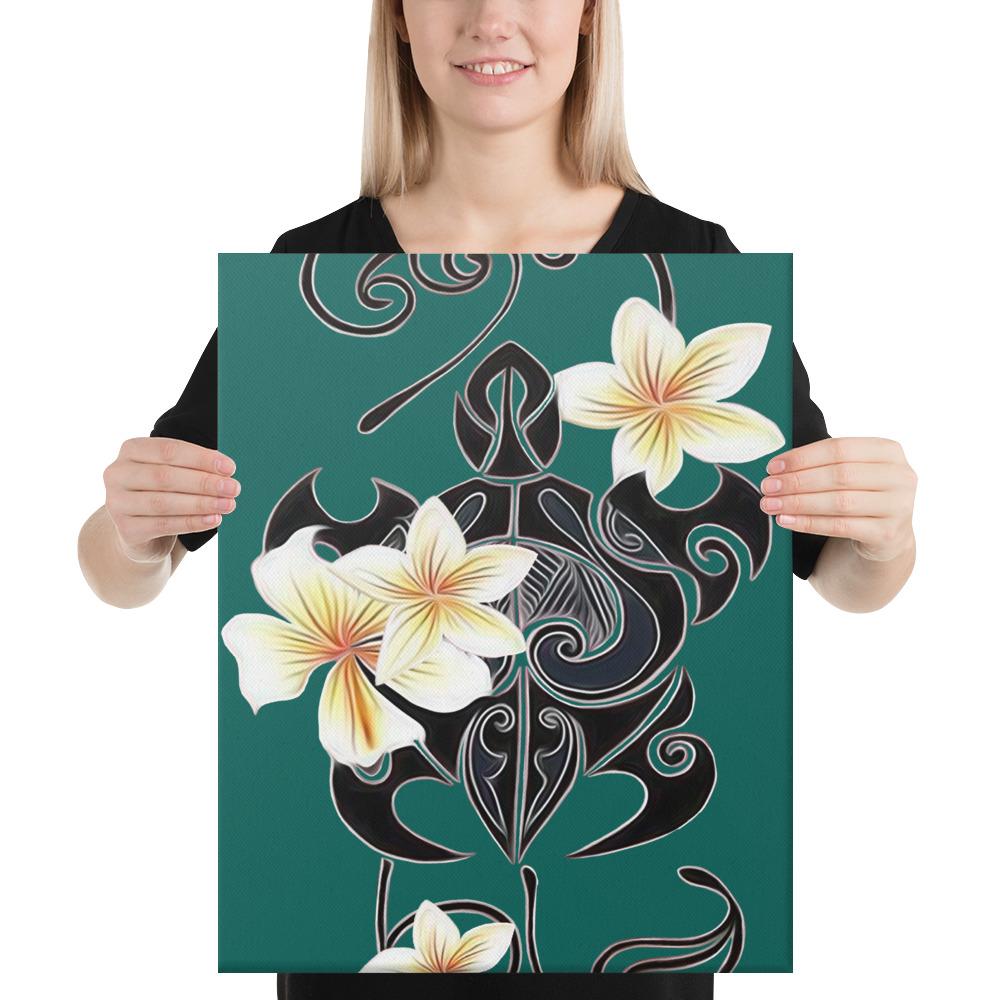 Turtle Poly Trinal Plumeria Turquoise Canvas 16x20 Canvas Turquoise - Polynesian Pride