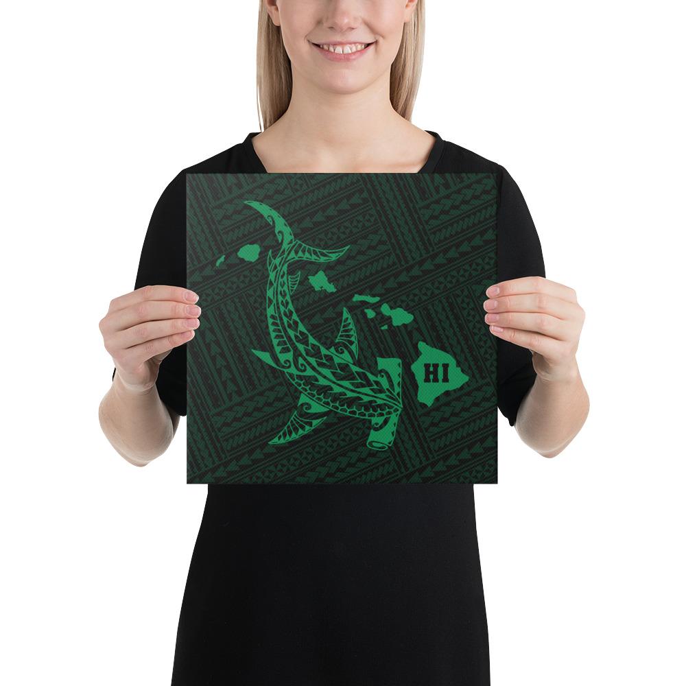 Hawaiian Map Hammerhead Shark Polynesian Canvas Green 12x12 Canvas Green - Polynesian Pride