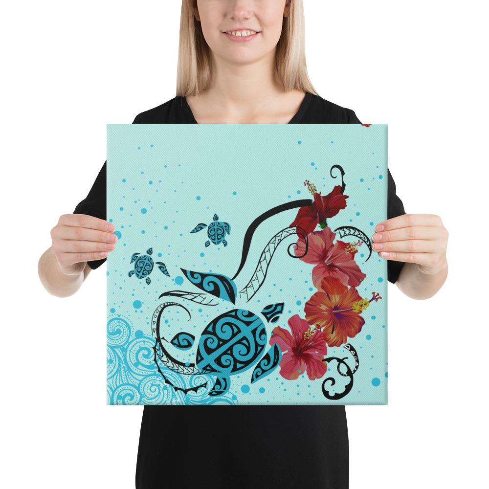 Sea Turtle Hibiscus Canvas 16x16 Canvas White - Polynesian Pride