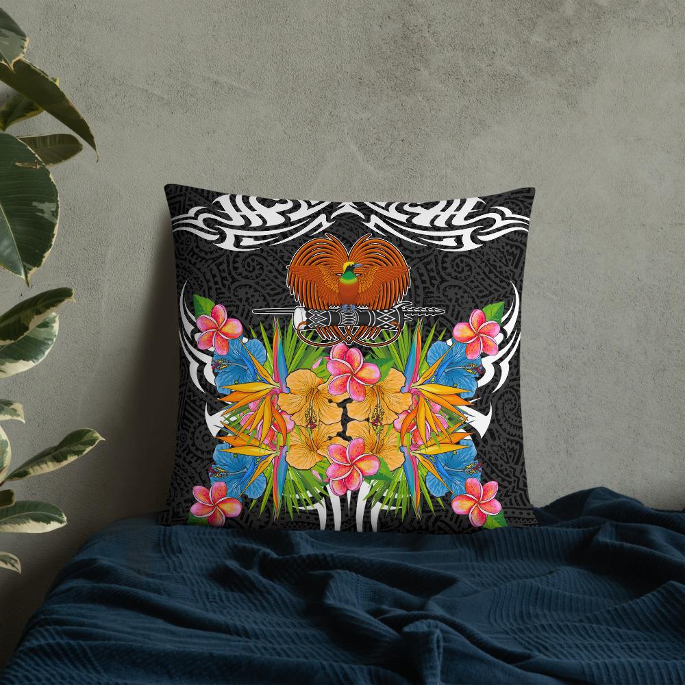 Papua New Guinea Pillow - Coat Of Arms With Tropical Flowers - Polynesian Pride