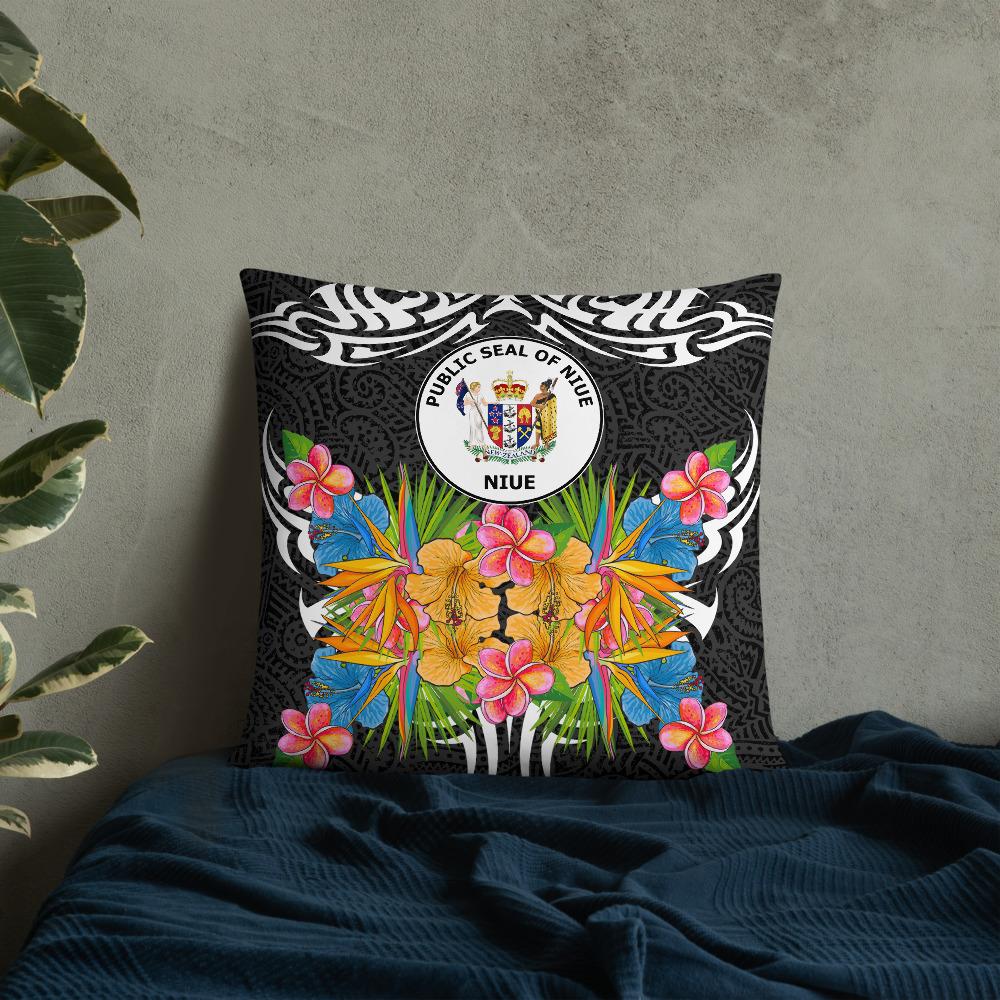 Niue Pillow - Coat Of Arms With Tropical Flowers 22×22 Black Pillow - Polynesian Pride