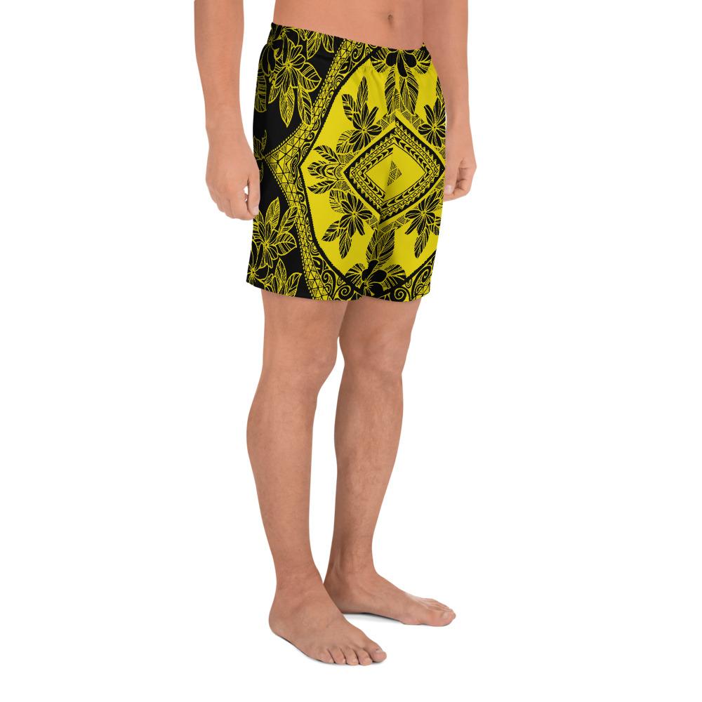 Polynesian Plumeria Mix Yellow Black Men's Athletic Long Shorts - Polynesian Pride