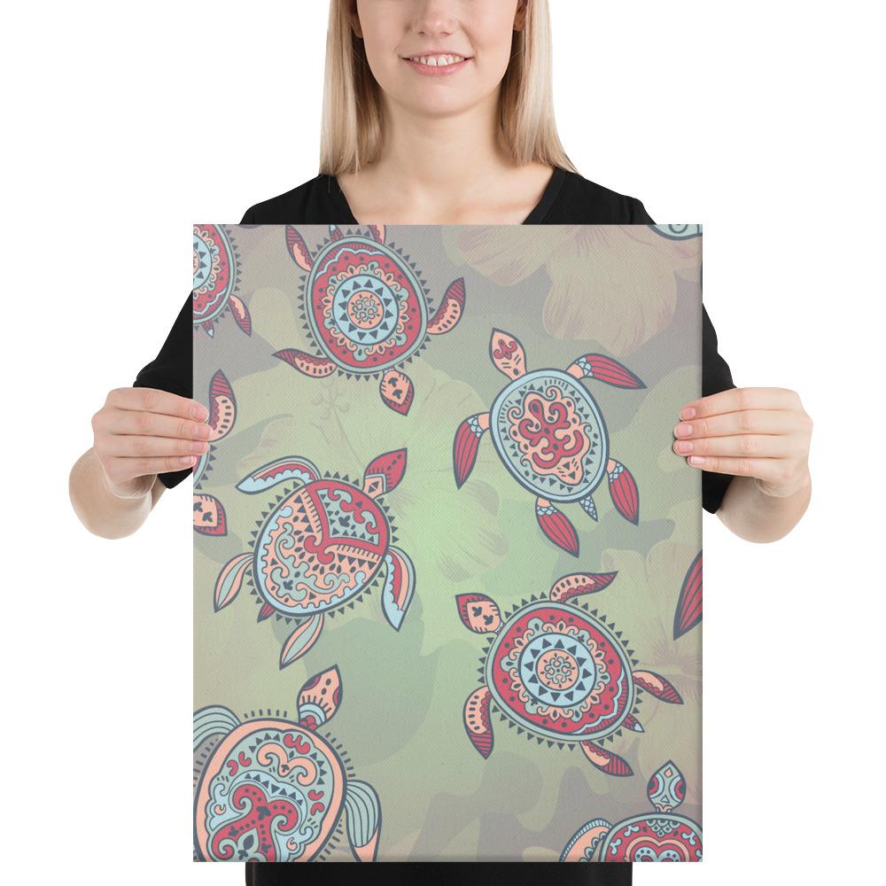 Turtle Colorful Hibiscus Backgorund Canvas 16x20 Canvas White - Polynesian Pride