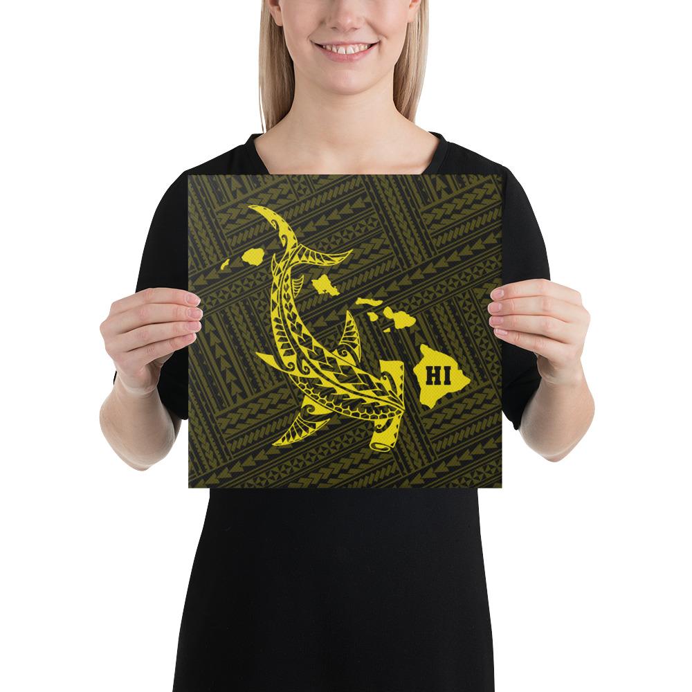 Hawaiian Map Hammerhead Shark Polynesian Canvas Yellow 12x12 Canvas Yellow - Polynesian Pride