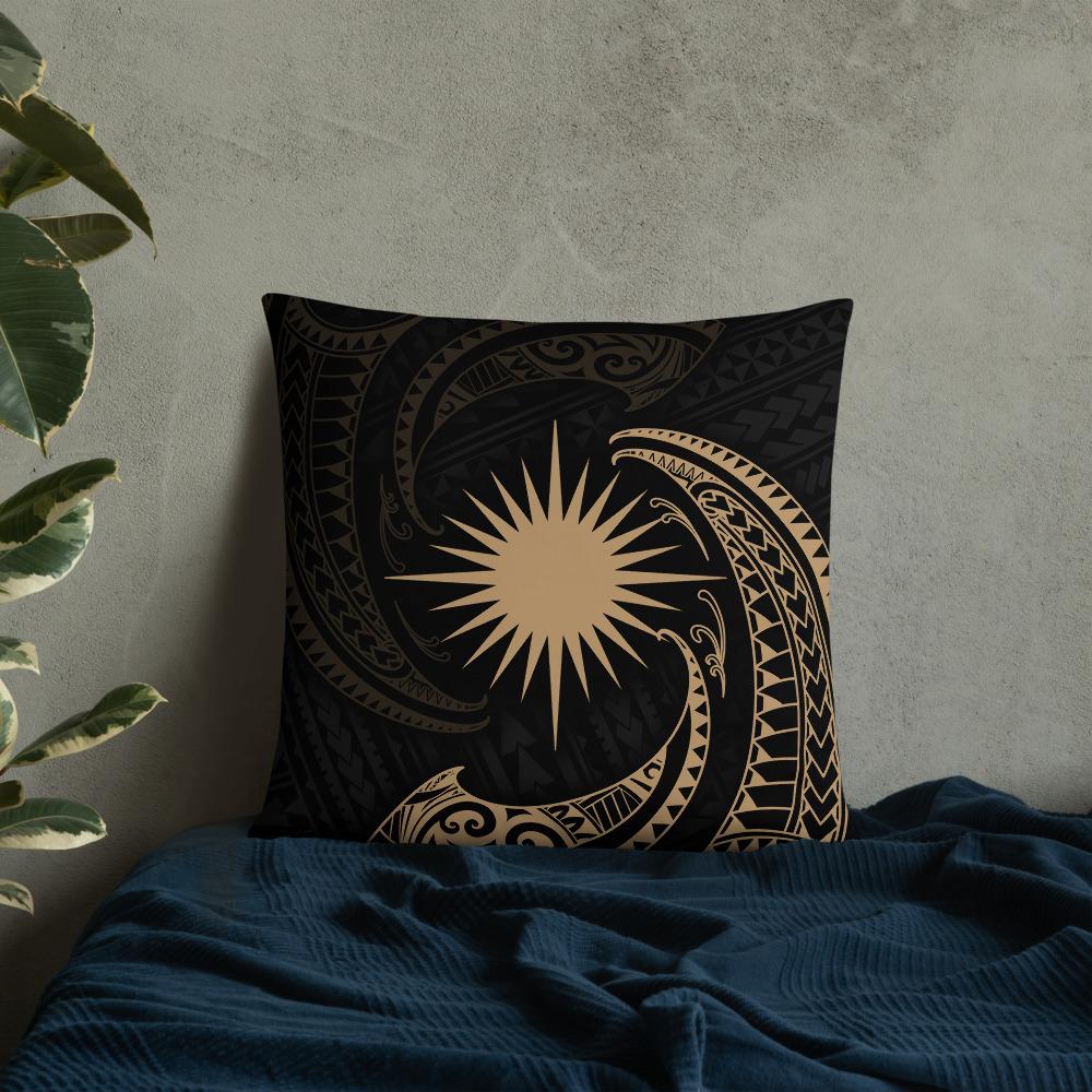 Marshall Islands Polynesian Basic Pillow - Gold Tribal Wave Pillow 22×22 Black - Polynesian Pride