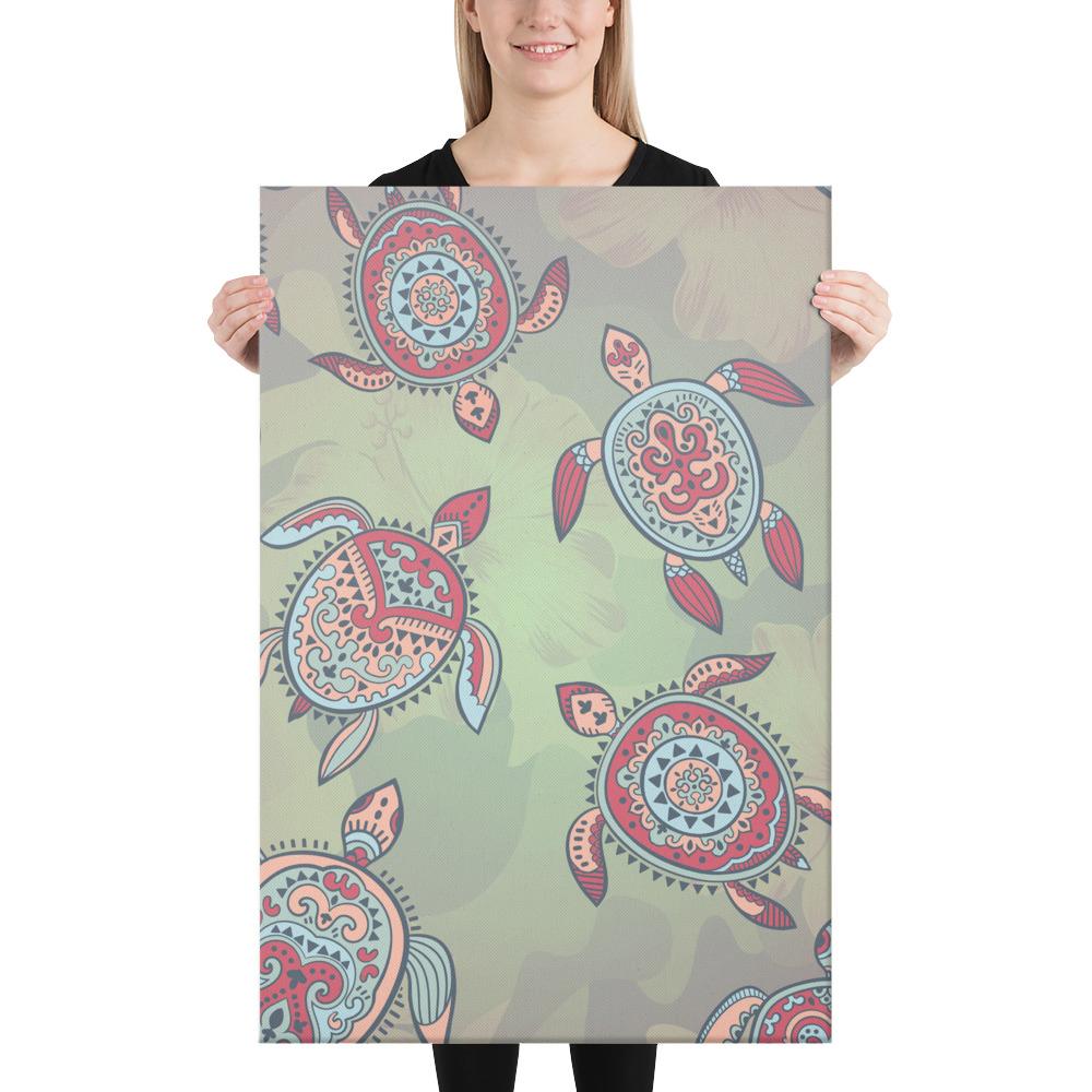 Turtle Colorful Hibiscus Backgorund Canvas 24x36 Canvas White - Polynesian Pride