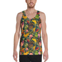 Seamless Tropical Flower Plant And Leaf Pattern Hawaii Men's Tank Top AH White - Polynesian Pride