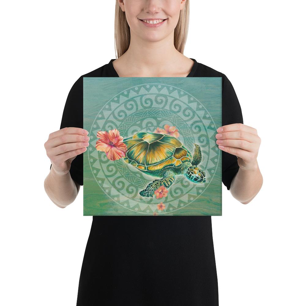 Hibiscus Turtle Swimming Canvas 12x12 Canvas White - Polynesian Pride